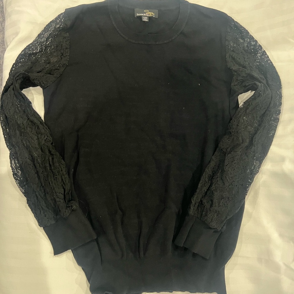 Express Black Crewneck Sweater with Lace Sleeves